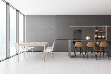 Beton panoramik mutfak ve yemek odası