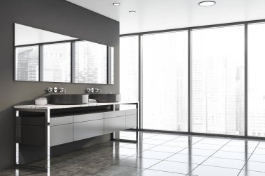 Çift lavabolu panoramik gri banyo köşesi