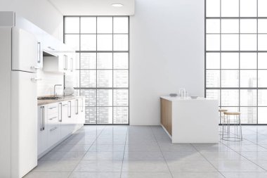 Barı ve buzdolabı olan beyaz mutfağın yan görüntüsü