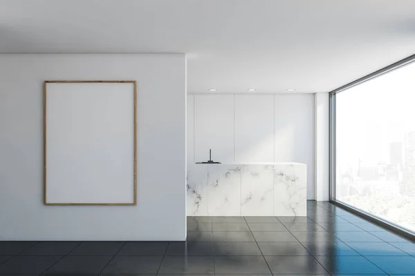 White kitchen with marble countertop and poster — Stock Photo, Image