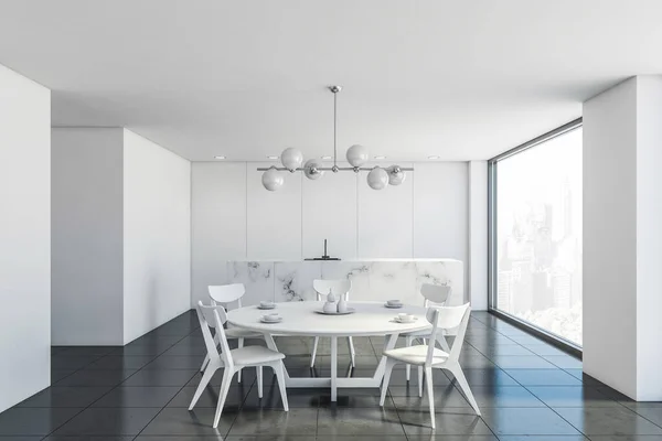 White marble kitchen and dining room interior — Stock Photo, Image