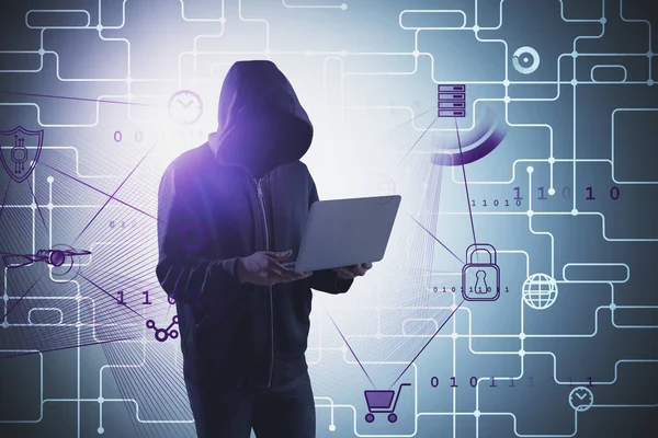Hacker con laptop, interfaz de red e iconos — Foto de Stock