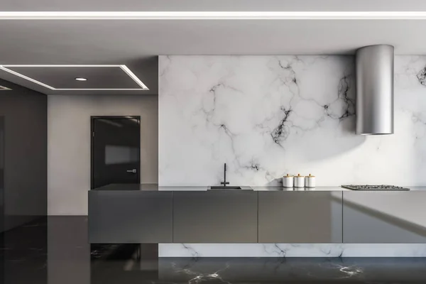 Cozinha em mármore branco e preto com bancadas — Fotografia de Stock