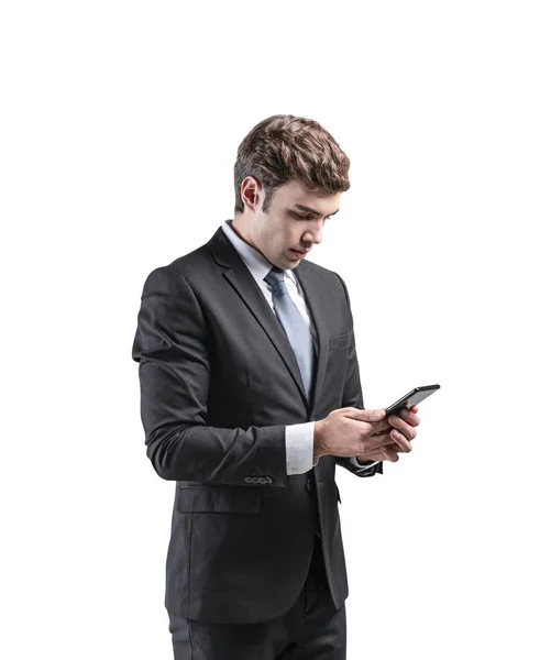 Side view of businessman looking at phone isolated — Stock Photo, Image