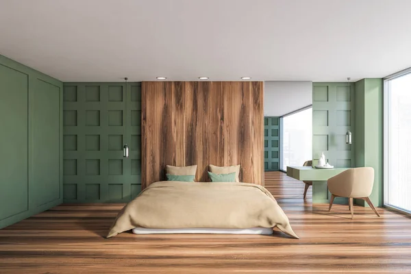 Grüne und hölzerne Schlafzimmereinrichtung mit Sessel — Stockfoto