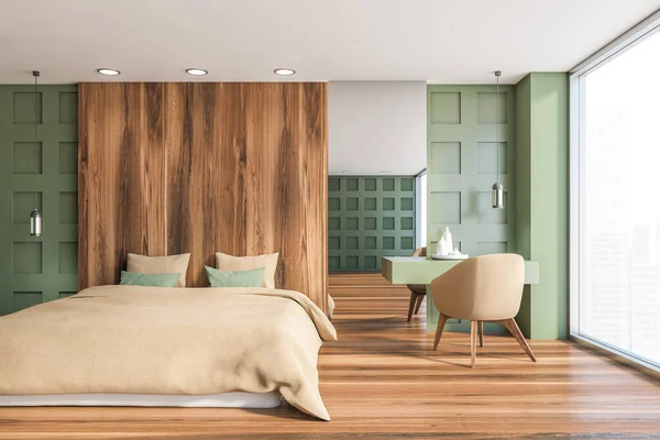 Vorderseite des grünen und hölzernen Schlafzimmers — Stockfoto