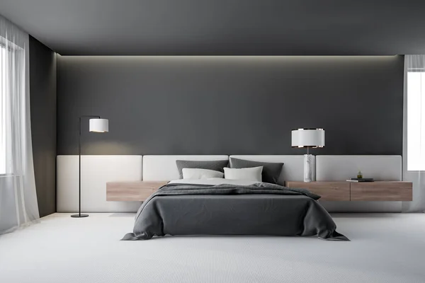 Grijze master bedroom interieur met lamp — Stockfoto