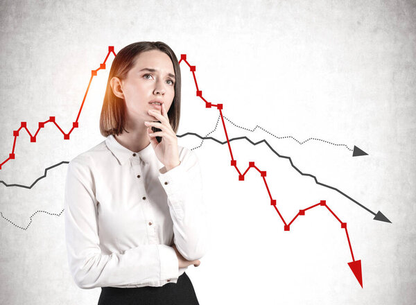 Sad businesswoman and falling graph