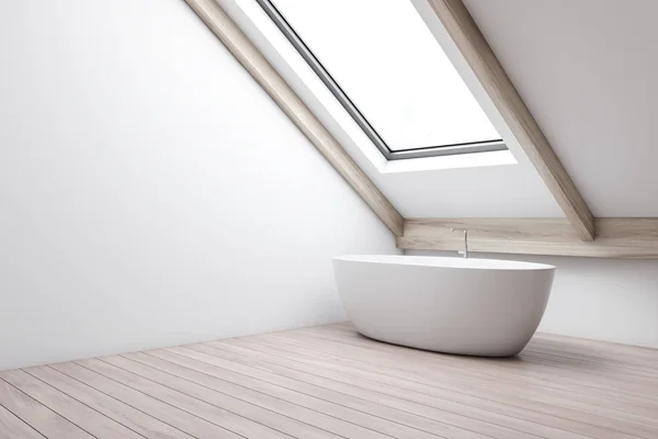 Attic white bathroom corner with tub