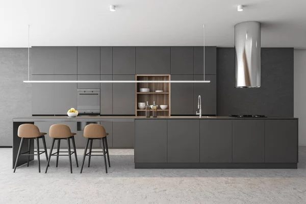 Grijze keuken interieur met bar — Stockfoto