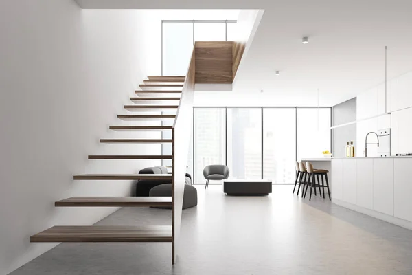 Panoramik beyaz oturma odası ve mutfak — Stok fotoğraf