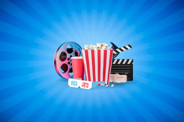 Clapper board, popcorn e bicchieri 3d — Foto Stock