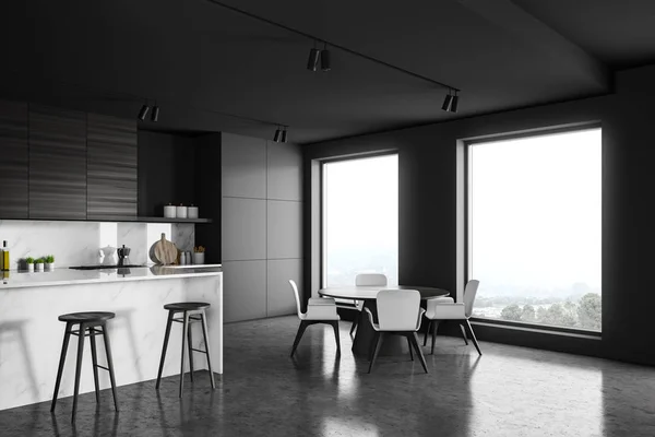 Loft cocina gris con barra y mesa — Foto de Stock