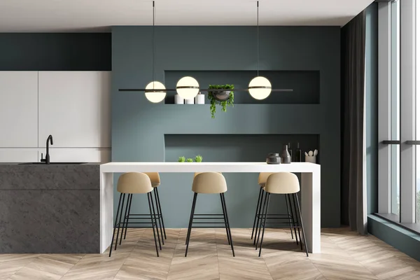 Green and white kitchen interior with bar — Stock Photo, Image