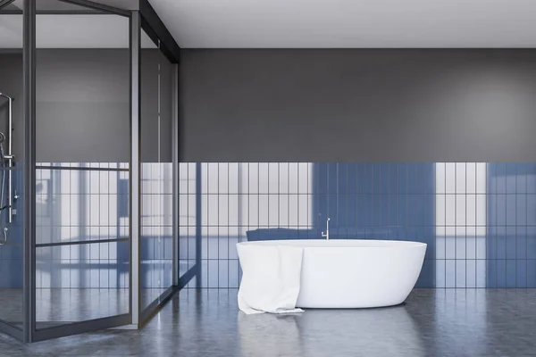 Gray and blue bathroom with tub and shower — Stock Photo, Image