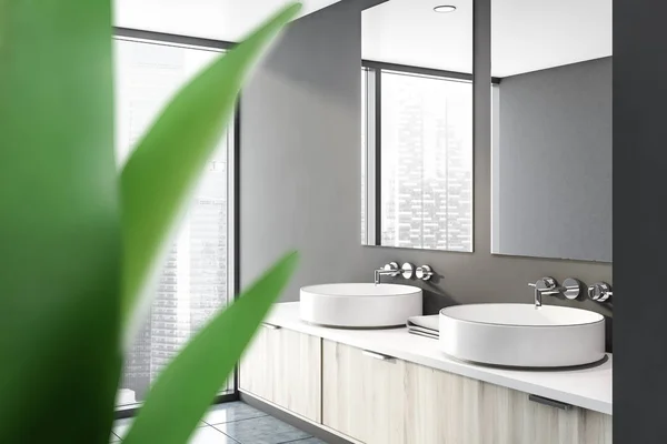 Coin salle de bain gris avec double lavabo et plante — Photo