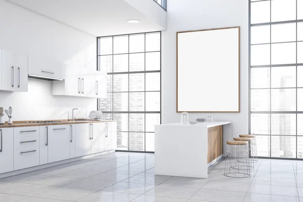 Esquina de cocina blanca con barra y póster —  Fotos de Stock