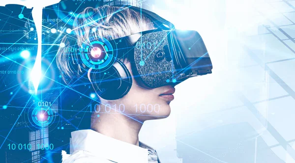 Mulher em óculos VR e conceito de IA — Fotografia de Stock