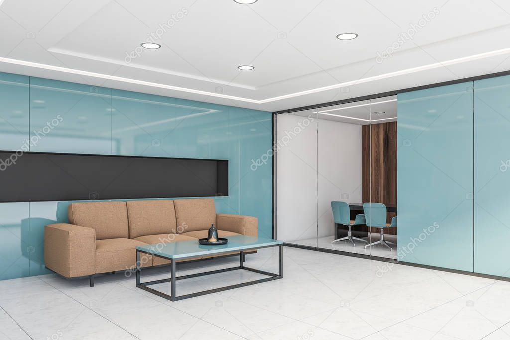 Blue office waiting room corner with sofa