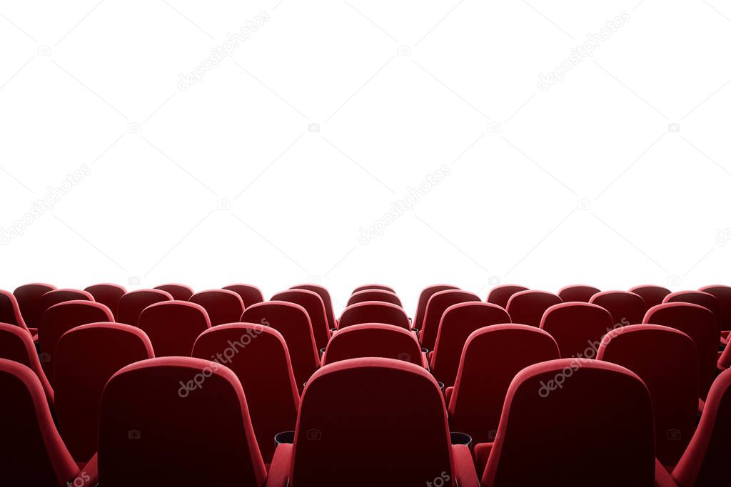 Movie theater with red seats and mock up screen