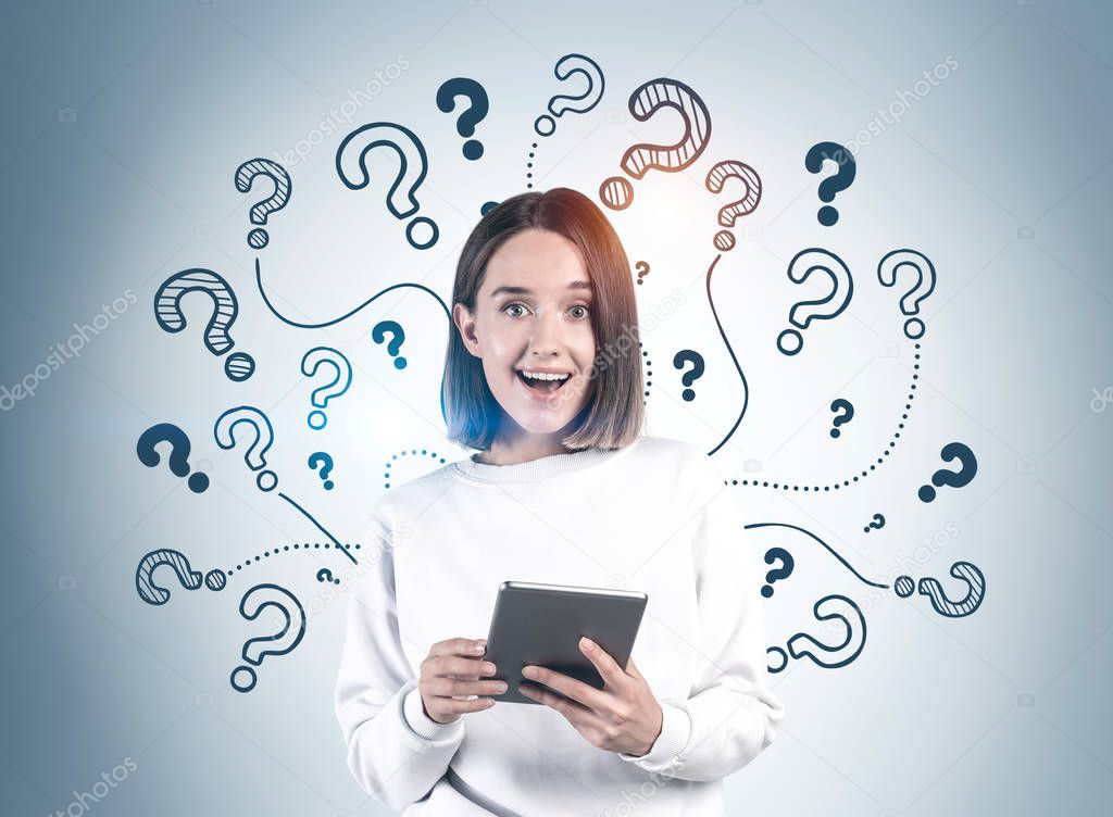 Woman with tablet and many questions