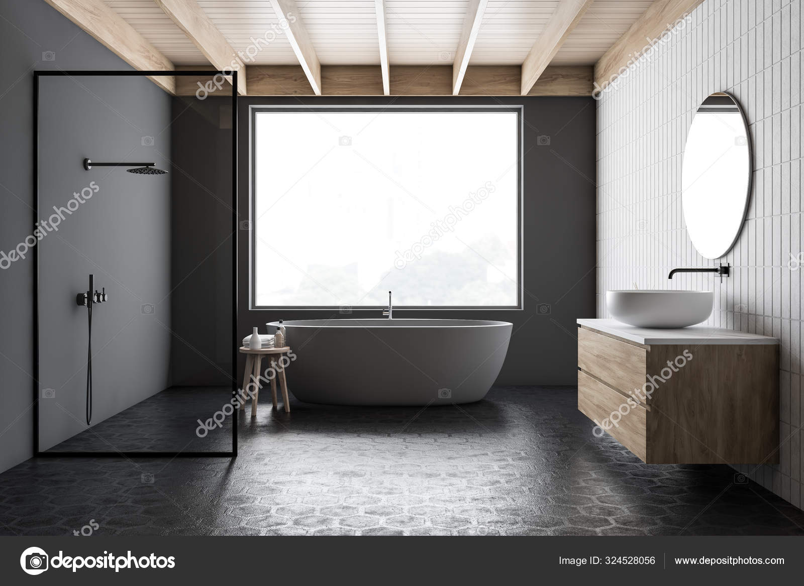Stylish Dark Gray Bathroom With Shower Stock Photo