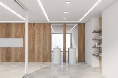 Çift lavabolu ahşap ve beyaz banyo.