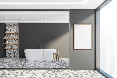 Küvet ve posterli gri ve mozaik banyo