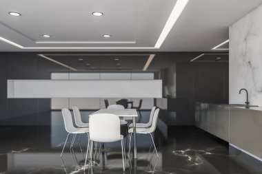 Beyaz ve siyah mermer mutfak, masa ve raf.