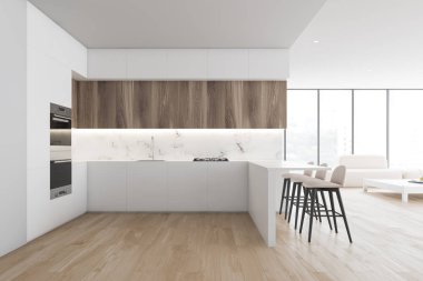 Beyaz mutfak ve barlı oturma odası.