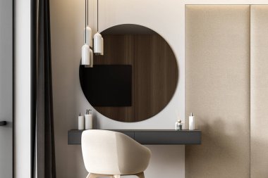 Beyaz oturma odasında makyaj masası.