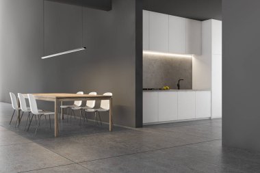 Geniş gri İskandinav mutfağı ve yemek odası