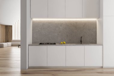 Tavan arası beyaz mutfak ve oturma odası.