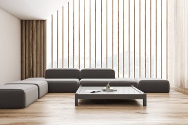 Beyaz tavan arası oturma odasının içi kanepeyle dolu.