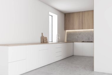 Tezgahlı beyaz ve taş mutfak köşesi