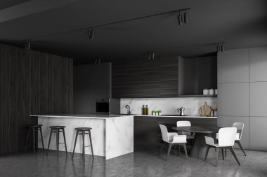 Gri mutfak köşesi ile ve barıyla