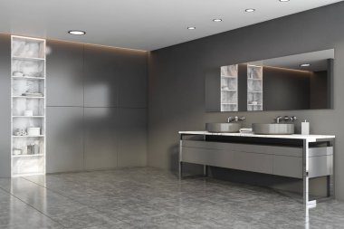 Gri ve mermer banyo köşesi çift lavabolu.
