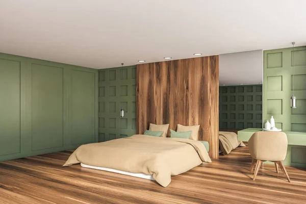 Rincón dormitorio verde y madera con sillón — Foto de Stock