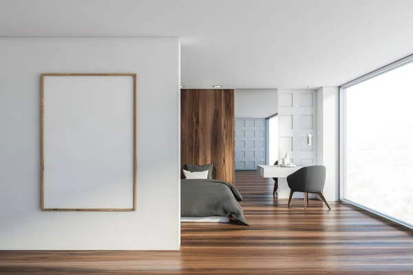 White and wood bedroom with vertical poster — Stockfoto