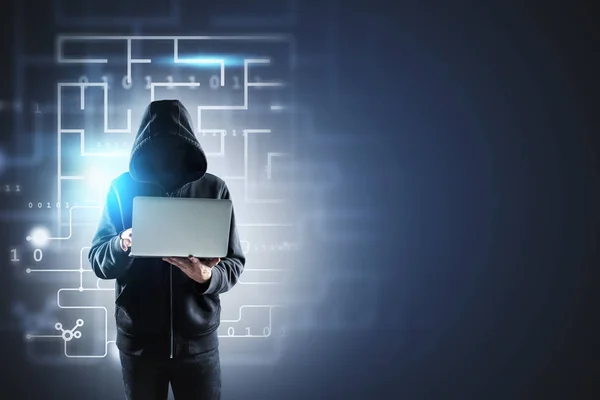 Hacker com laptop, segurança cibernética — Fotografia de Stock