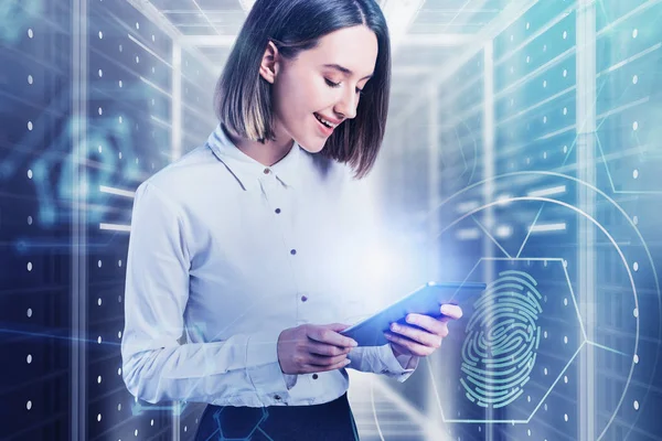 Woman with tablet in data center, cyber security — Stockfoto