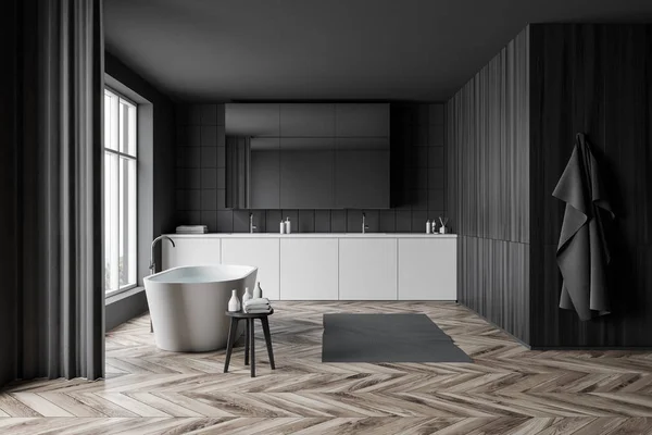 Bagno grigio e bianco con vasca e lavabo — Foto Stock