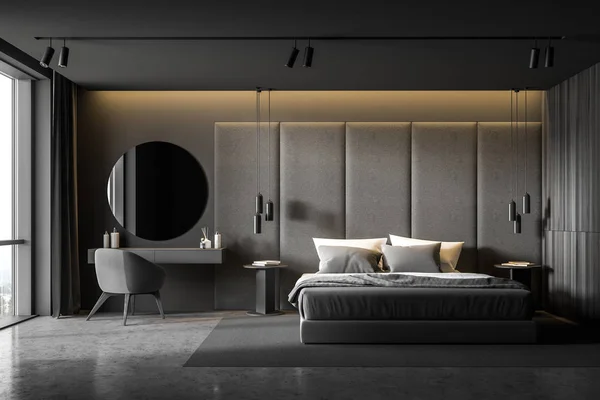 Сірий майстер інтер'єр спальні з столом для макіяжу — стокове фото