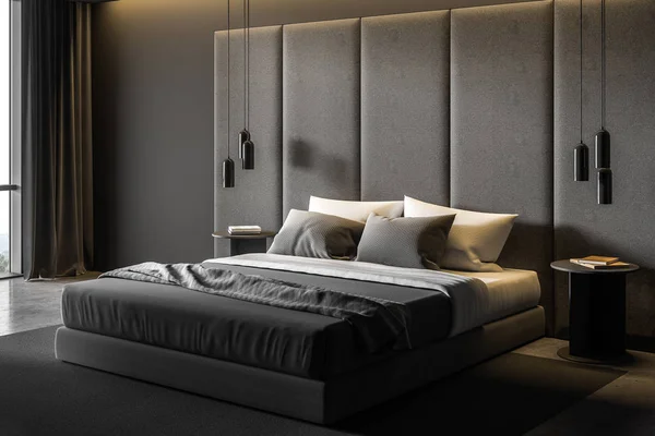 Modern gri ana yatak odası köşesi — Stok fotoğraf