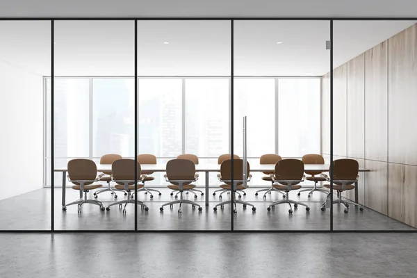 Wooden and white panoramic meeting room interior — Stockfoto