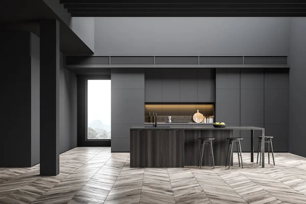 Geräumige Loft-graue Küche mit Bar und Hockern — Stockfoto