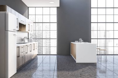 Buzdolabı ve barı olan gri mutfağın yan görüntüsü