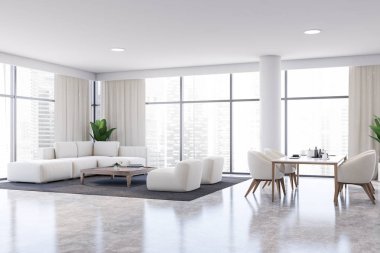 Beyaz oturma odası ve yemek odası köşesi