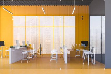 Gri ve sarı açık uzay ofisi ve salonu