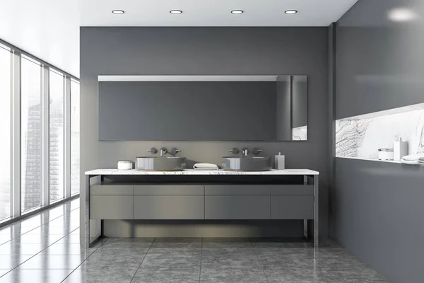 Frontansicht des grauen Panorama-Badezimmers mit Waschbecken — Stockfoto